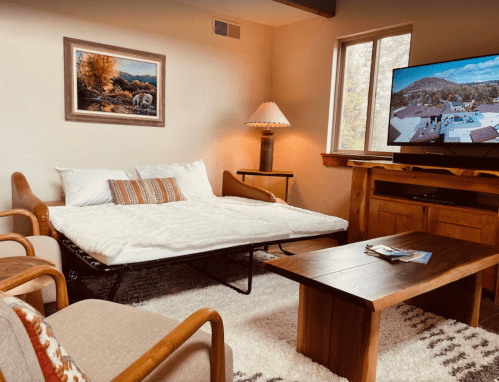 Cozy living space with a fold-out bed, wooden furniture, a lamp, and a TV, featuring warm colors and a mountain view.
