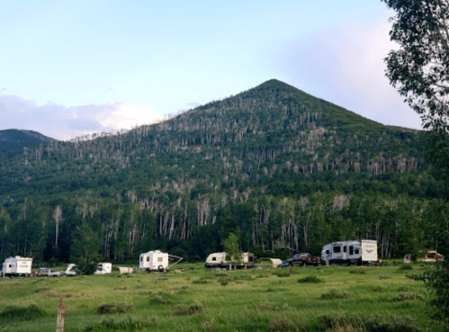 A scenic view of a mountain with a forest, featuring several RVs parked in a grassy area below.