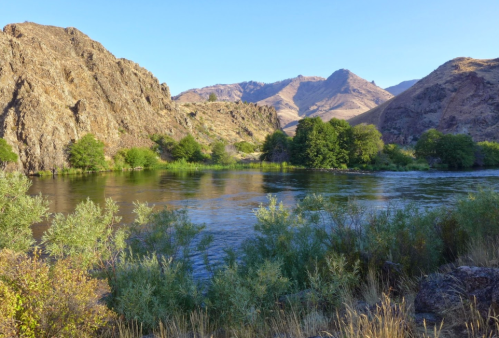 A serene river flows between rocky hills, surrounded by lush greenery and mountains under a clear blue sky.