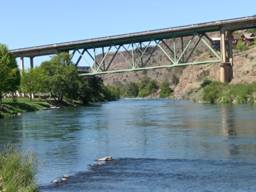A green bridge spans a river, surrounded by trees and rocky hills under a clear blue sky.