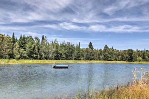 A serene pond surrounded by lush trees under a blue sky with wispy clouds, featuring a small dock in the water.