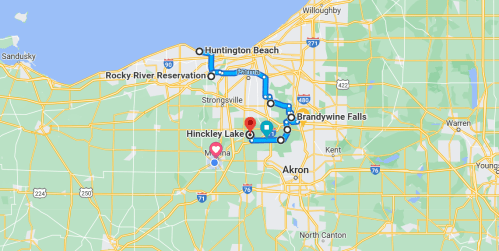 Map showing a route from Hinckley Lake to Brandywine Falls, with nearby landmarks and highways in Ohio.