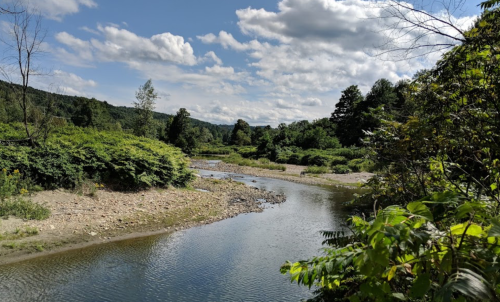 A serene river winding through lush greenery under a partly cloudy sky.