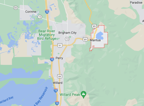 Map showing Mantua, Utah, near Brigham City, with nearby landmarks like Bear River Migratory Bird Refuge and Willard Bay.