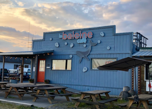 A blue wooden café building with a whale sign, picnic tables outside, and a cloudy sky in the background.