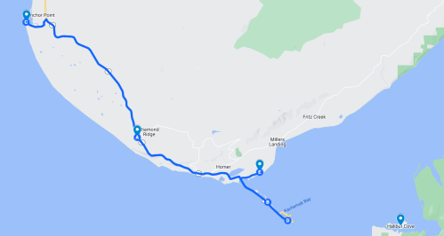 Map showing a route from Anchor Point to Kachemak Bay, with key locations marked along the coastline.