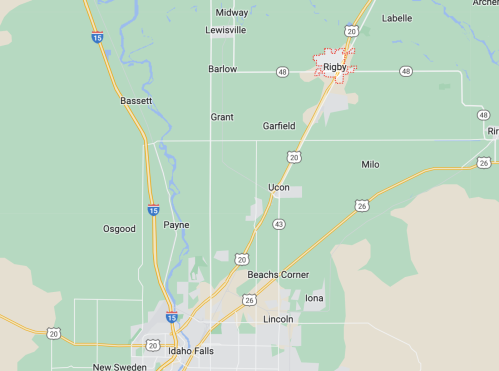Map showing the area around Rigby, Idaho, with nearby towns and highways highlighted.