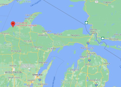 Map showing the location of Union Mine Interpretive Trailhead near Lake Superior, surrounded by forests and waterways.