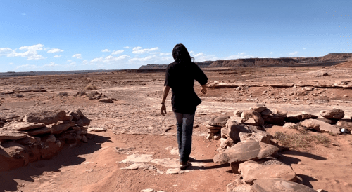 A person walks away through a rocky desert landscape under a clear blue sky with distant mesas.