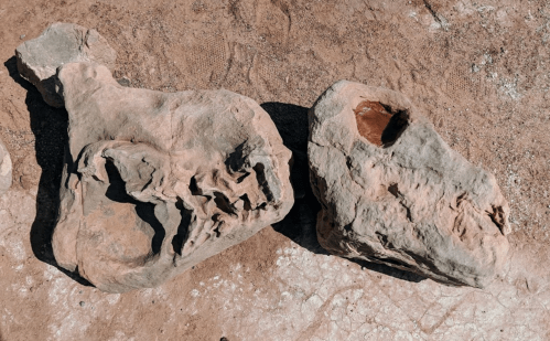 Two large, weathered rocks with unique shapes and textures, resting on a sandy surface.