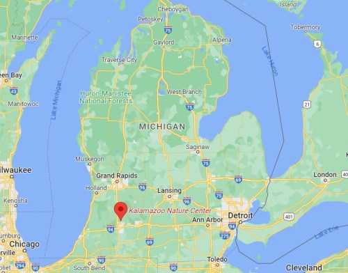 Map of Michigan highlighting the Kalamazoo Nature Center location in the southwestern part of the state.