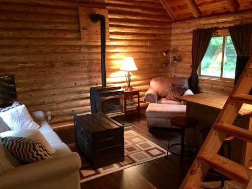 Cozy log cabin interior with a wood stove, comfortable seating, and a rustic coffee table. Natural light from a window.