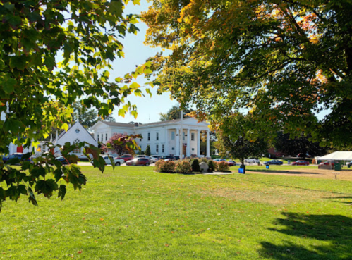 A sunny park scene featuring green grass, trees, and a white building in the background.