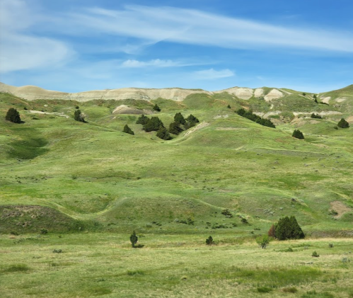 Lush green hills under a blue sky with wispy clouds, dotted with small trees and gentle slopes.