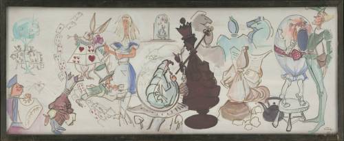 A whimsical illustration featuring characters from "Alice in Wonderland," including the White Rabbit and the Mad Hatter.