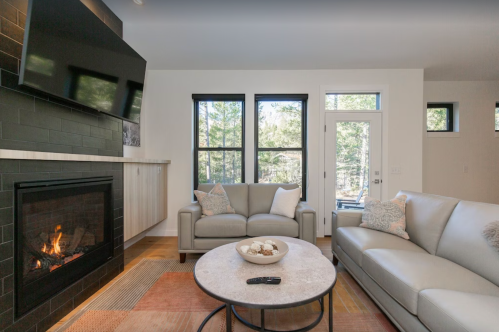 Cozy living room with a fireplace, modern furniture, and large windows overlooking a forested area.
