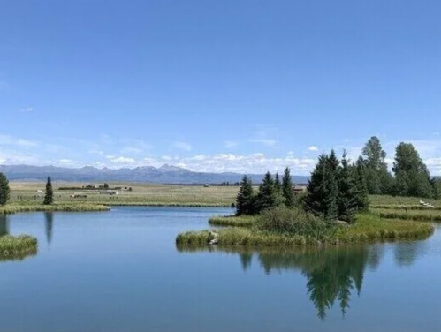 A serene landscape featuring a calm lake, lush greenery, and distant mountains under a clear blue sky.