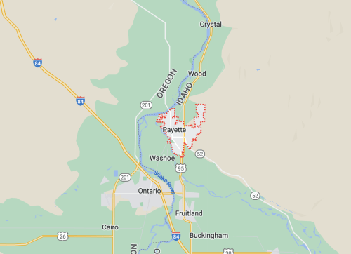 Map showing the area around Payette, Idaho, with nearby roads and geographical features highlighted.