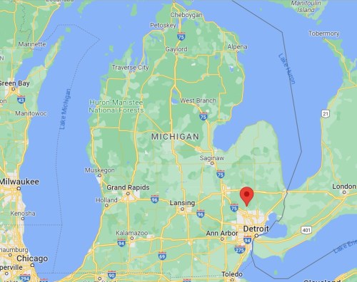 Map of Michigan highlighting Detroit, with surrounding cities and natural features visible.