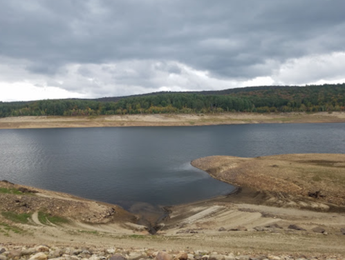 A calm lake surrounded by a sandy shore and forested hills under a cloudy sky.