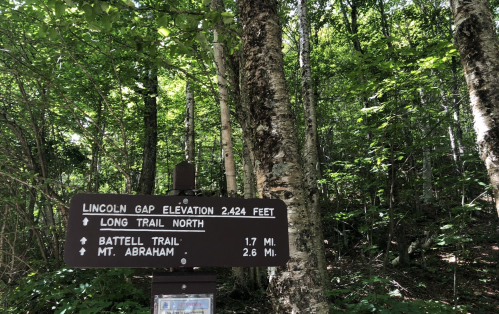 Trail sign at Lincoln Gap, elevation 2,424 feet, with directions to Long Trail North, Battell Trail, and Mt. Abraham.