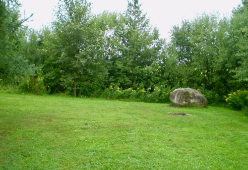 A grassy area with a large rock and trees in the background under a cloudy sky.