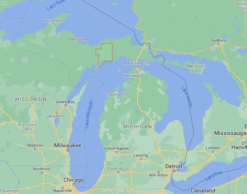Map showing parts of Michigan, including Lake Michigan, Traverse City, and surrounding areas.
