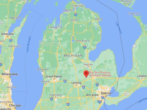 Map of Michigan highlighting the location of Big Sky Produce and Farm Market near Lansing.