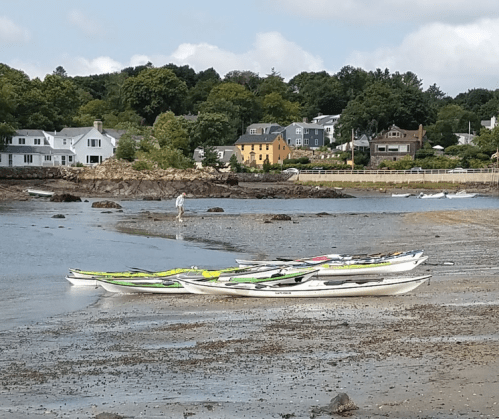 A beach scene with several boats on the shore, a person walking in the shallow water, and houses in the background.