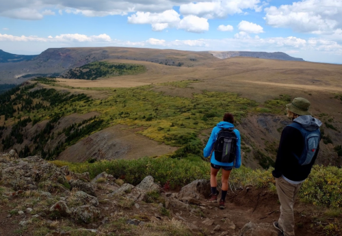 Two hikers descend a rocky trail, surrounded by expansive green fields and distant mountains under a cloudy sky.