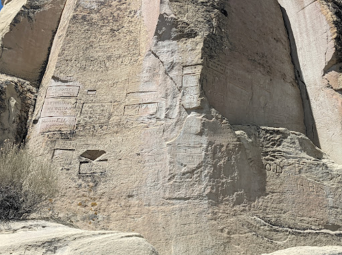 Rock face with various inscriptions and carvings, surrounded by sparse vegetation and rugged terrain.