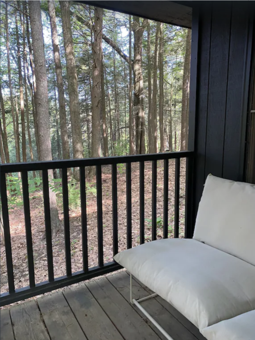 A cozy porch with a white cushion overlooks a serene forest of tall trees.