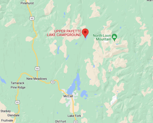 Map showing Upper Payette Lake Campground location near McCall, Idaho, with nearby landmarks and roads.