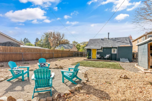 A backyard with four teal chairs around a fire pit, a small house, and a grassy area under a blue sky.
