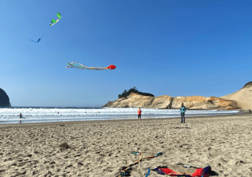 Two people fly colorful kites on a sandy beach with waves and cliffs in the background under a clear blue sky.