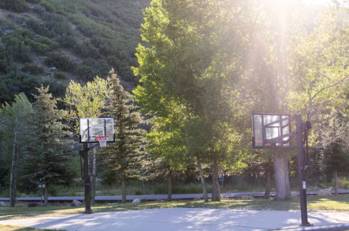 A serene outdoor basketball court surrounded by trees and mountains, with sunlight filtering through the leaves.
