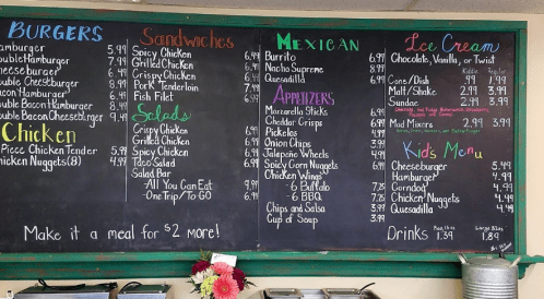 Menu board featuring burgers, sandwiches, Mexican dishes, appetizers, salads, kids' meals, and ice cream options.