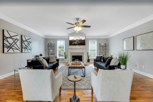 Modern living room with gray walls, two sofas, a coffee table, and decorative plants, featuring a fireplace and TV.