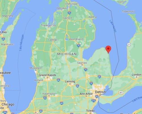 Map of Michigan highlighting a specific location marked with a red pin.