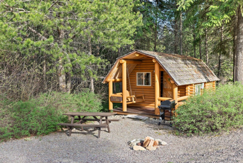 A cozy log cabin surrounded by trees, featuring a picnic table, grill, and fire pit in a natural setting.