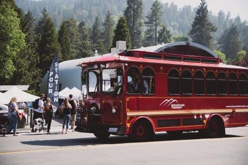 A red trolley bus labeled "Mountain Transit" drives past a crowd at an outdoor event with trees in the background.