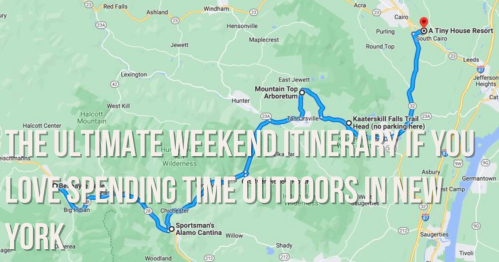 Map showing a weekend itinerary for outdoor activities in New York, highlighting routes and destinations.