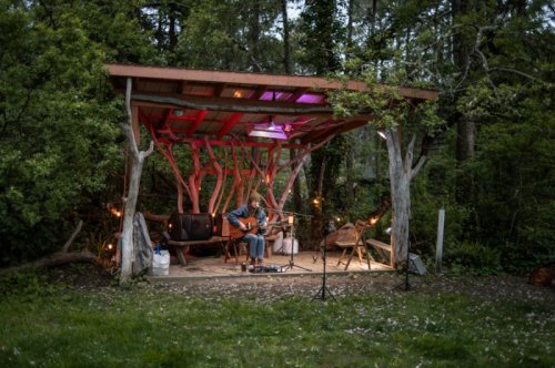 A musician plays guitar on a stage surrounded by trees, with soft lighting and a cozy outdoor setting.