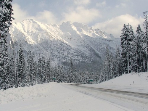 Snow-covered mountains rise in the background, with a snowy road and evergreen trees in the foreground.