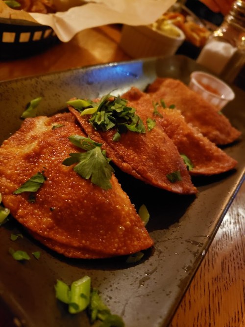 A plate of golden-brown fried tacos garnished with chopped cilantro and green onions, served with a small cup of sauce.