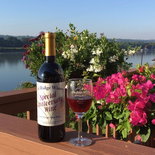 A bottle of De Ridge Winery Special Anniversary Wine next to a glass of wine, with flowers and a river in the background.