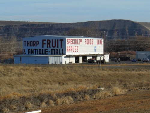 A large building with "Thorp Fruit & Antique Mall" signage, surrounded by dry grass and hills in the background.