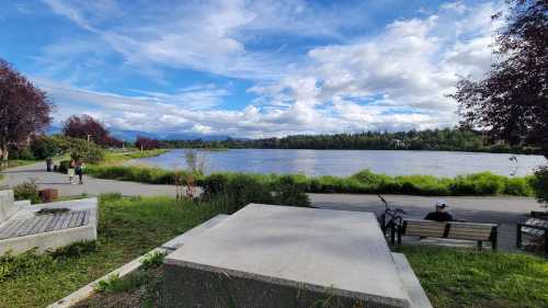 A scenic view of a lake surrounded by greenery, with people walking along a path under a partly cloudy sky.