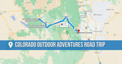Map showing a road trip route from Manitou Springs to Florissant Fossil Beds National Monument, highlighting outdoor adventures.
