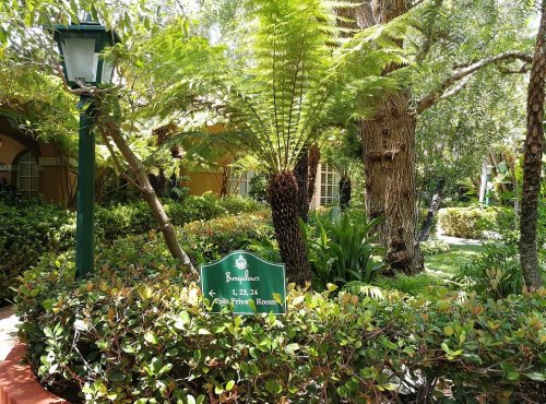 A lush garden with ferns and trees, featuring a green sign that reads "Bungalow 1, 24, 23, Pool View Room."